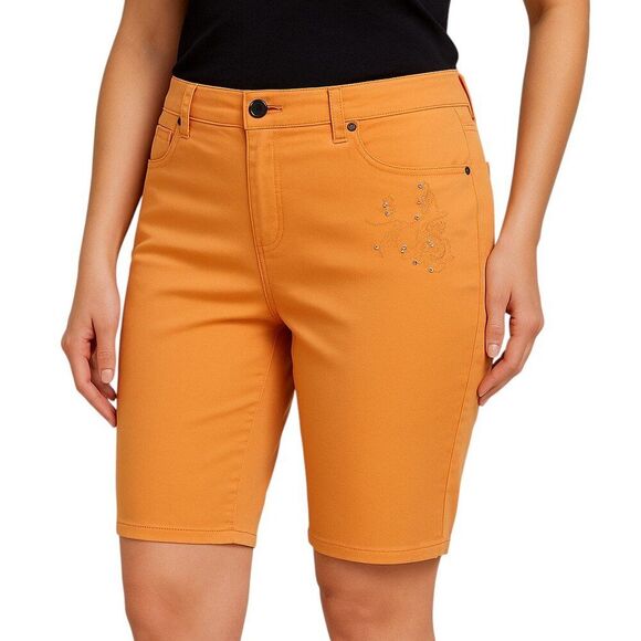 Upcycled Basic Additions Size 12 Orange Shorts Floral Embroidered Rhinestone - Picture 1 of 16